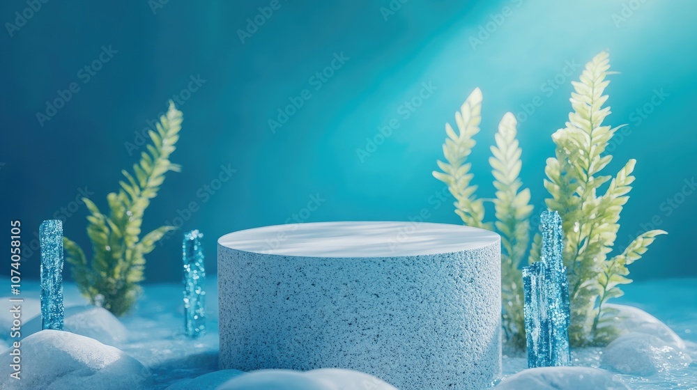 Poster Underwater mockup concept for showcasing a product Features a cobblestone podium and crystal seaweed with water caustics against a blue backdrop Clipping path for each element is included 3D rende