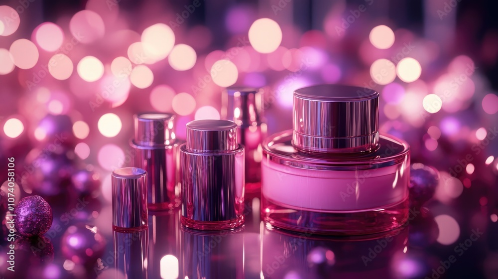 Aufkleber cosmetic product display with a beauty fashion bokeh background 3d rendering from above