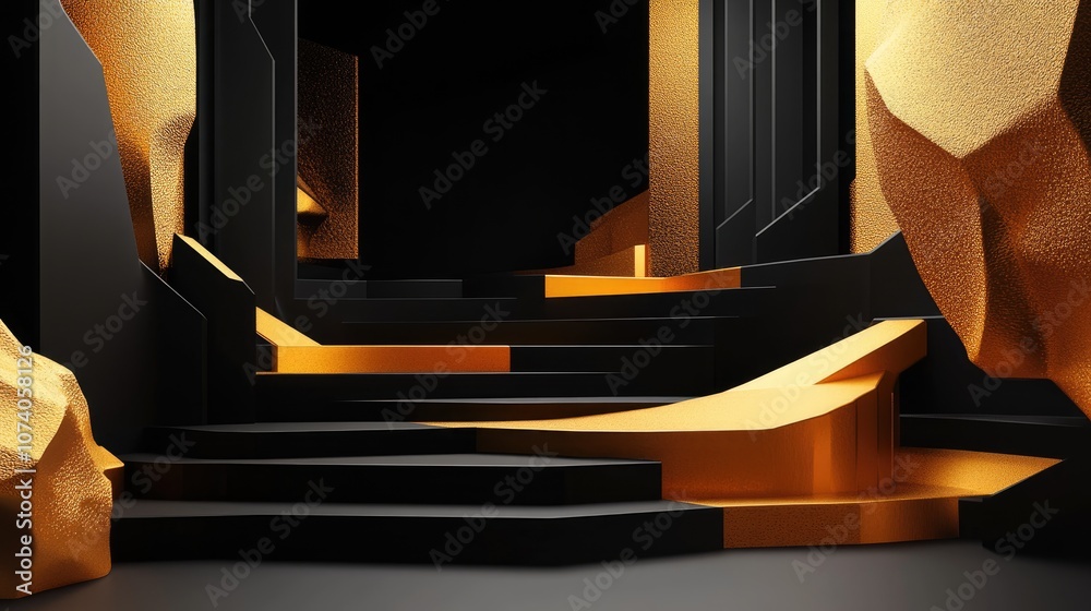 Aufkleber 3D Abstract Shape and Geometry in Black and Gold Color Stage Mockup Background