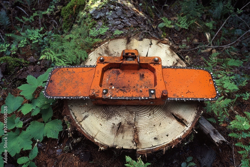 Poster rusty chainsaw blade resting on a tree stump in a forest