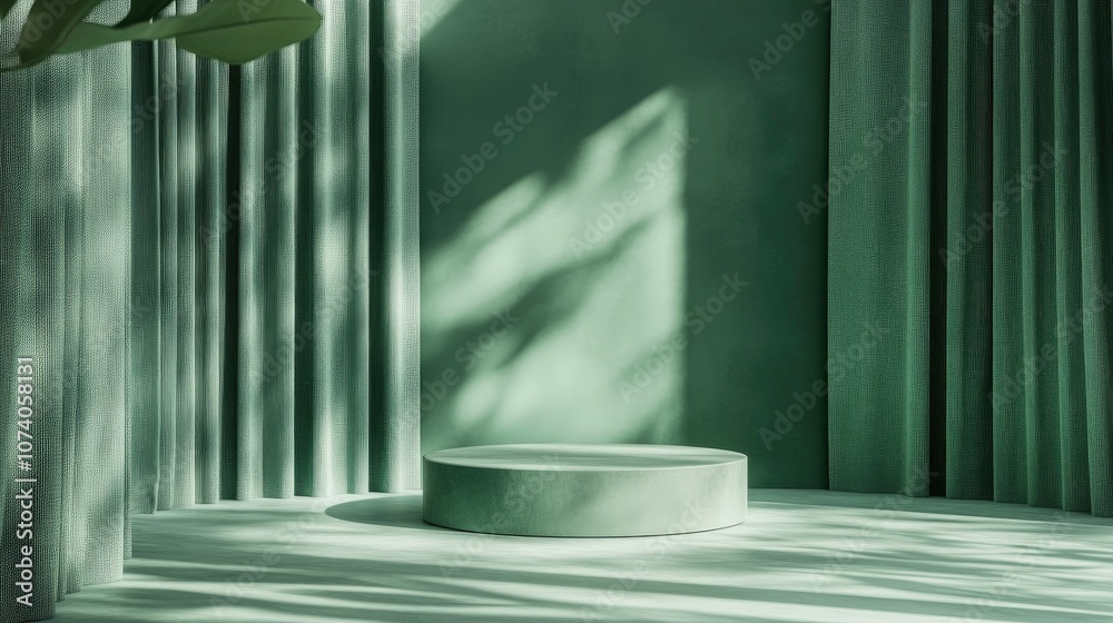 Poster minimalist abstract scene featuring geometric forms including a cylinder podium set against a green 
