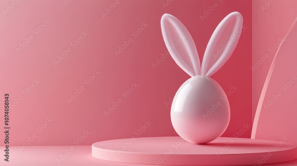 Aufkleber Easter egg with rabbit ears displayed on a circular pedestal against a pink background 3D rendering