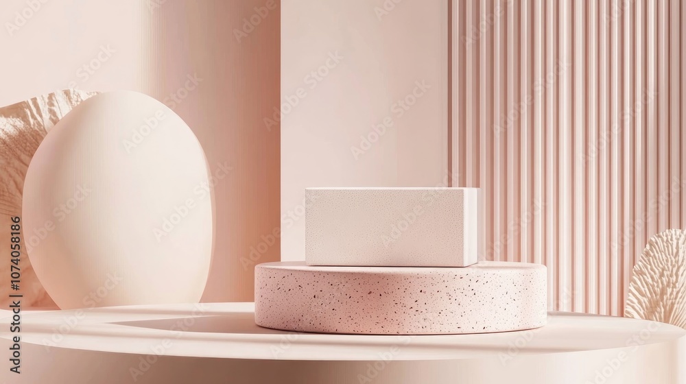Aufkleber Minimal composition featuring an empty pink pastel cube on a podium for product display accompanied by an abstract background Geometric shapes in soft hues are illustrated in 3D