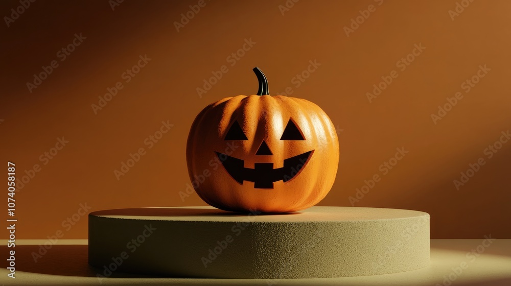 Poster 3d rendering of a halloween pumpkin beside a podium featuring a minimalist halloween themed backgrou