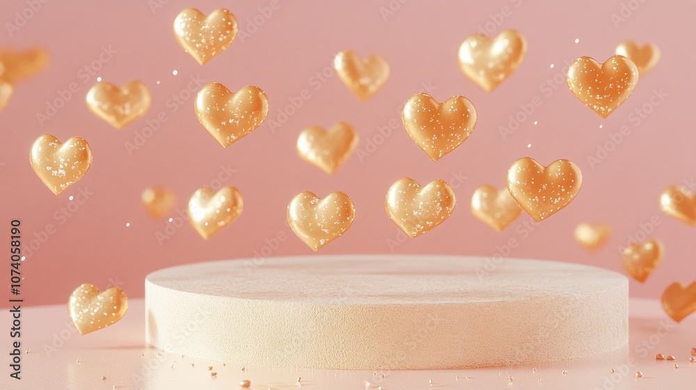 Poster realistic 3d rendering of a podium featuring golden hearts on a soft pastel peach backdrop