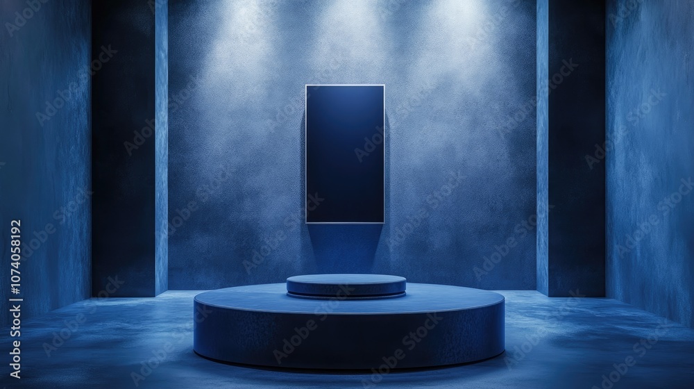 Aufkleber Blue backdrop featuring a pedestal and a display case blue stage platform podium for product presentation 3D rendering