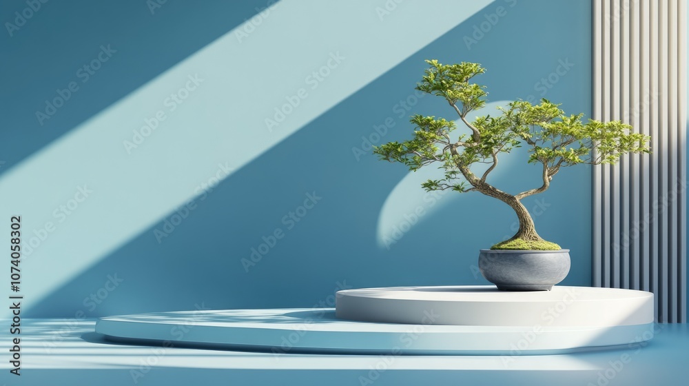 Aufkleber Minimalist abstract background featuring a podium and a bonsai tree against a blue backdrop designed for product presentation 3D rendered illustration