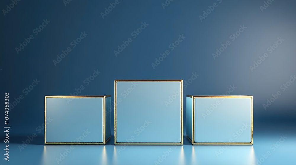 Poster Blue and gold cube podium on a blue background Abstract minimal geometric shape in a studio setting Mockup space for product design display 3D rendering