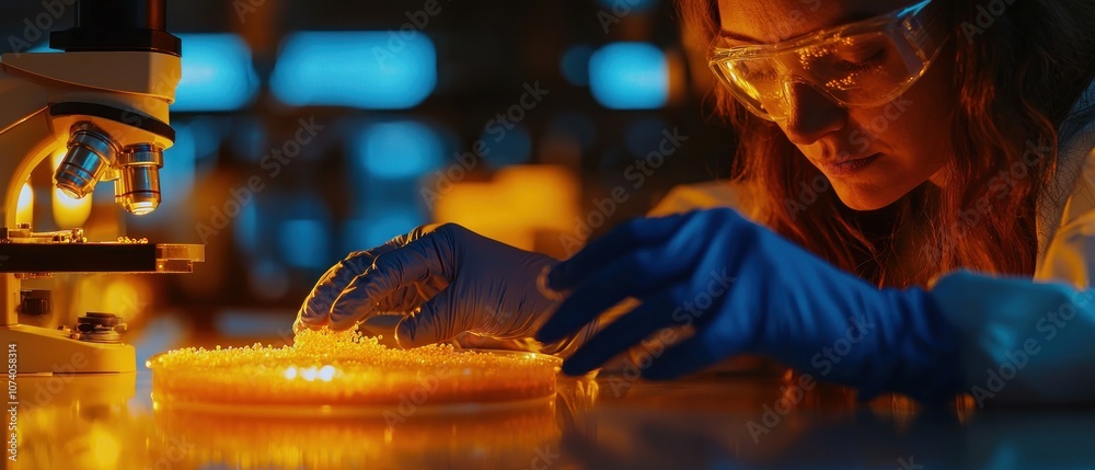 Aufkleber A Scientist Examining Small Yellow Particles Under a Microscope in a Laboratory