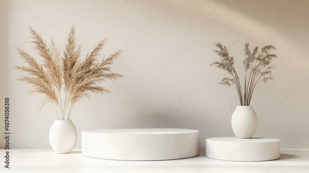 Fototapete Three white platforms on an abstract mock up scene creating a backdrop for product display 3D rendering