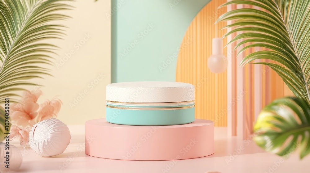 Poster Minimalist abstract background featuring geometric shapes a stylish podium and a showcase in pastel tones for premium products 3D render