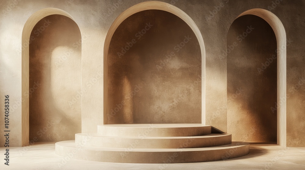Poster round podium featuring unique geometric design 3d rendering digital artwork