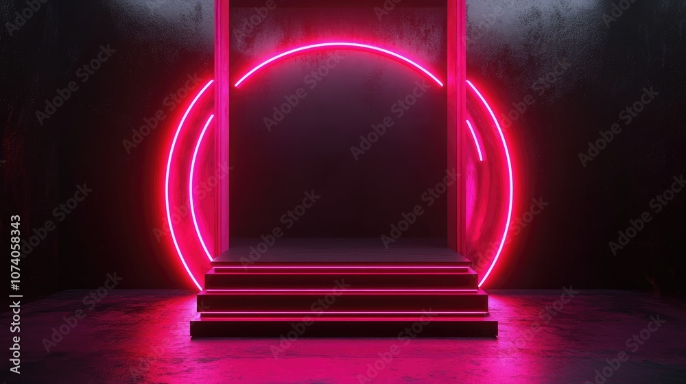 Aufkleber dark podium display background with neon laser red and pink lights and a circular metal wall in a bl