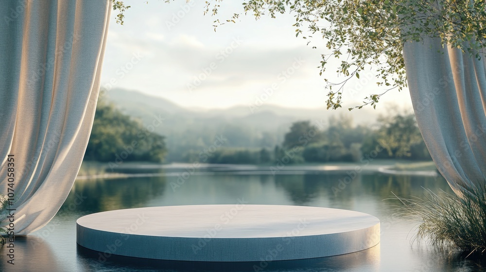 Poster 3d rendering illustration of a vacant podium display for product mockup with a natural backdrop