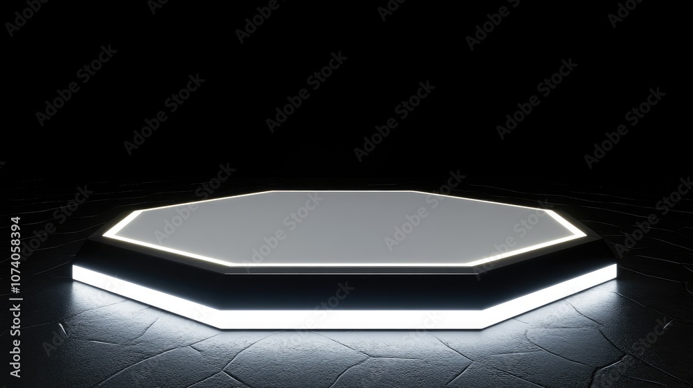 Poster Blank hexagon product stand with a black background Futuristic display pedestal illuminated 3D rendering