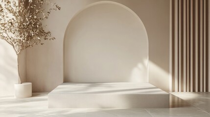 3D render of a background featuring a pedestal and a showcase showcasing an abstract minimal concept with a blank space and a clean simple design ideal for a minimalist mockup