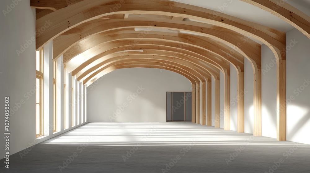 Poster create a curved upper wall with multiple straight wooden beams inside