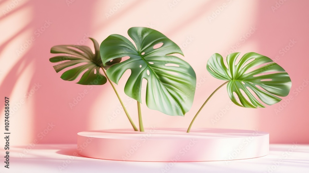 Poster Empty pink podium with monstera leaf in a white setting for contemporary stage presentation and minimalist mockup abstract display background 3D illustration or render concept