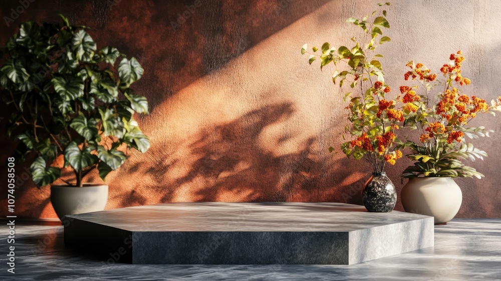 Aufkleber hexagonal shaped podium display stage featuring a home plant ornament in 3d rendering