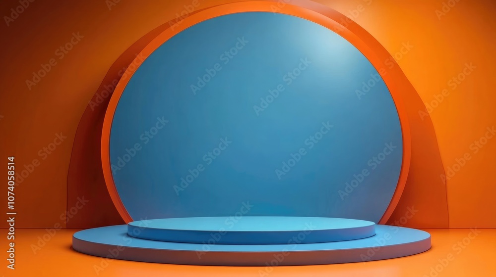Poster blue podium display for award presentation on an orange backdrop 3d rendering