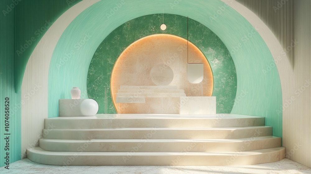 Aufkleber 3D rendering of stairs and podium featuring geometric shapes a green arch and a stage designed for product display and promotion