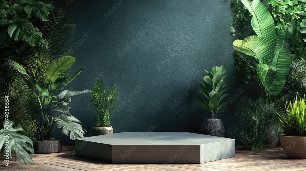 Aufkleber hexagonal shaped podium display stage featuring a home plant ornament in 3d rendering