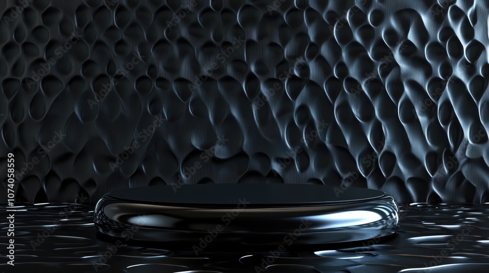 Poster Dark metallic 3D rendered podium for showcasing products featuring an abstract patterned background