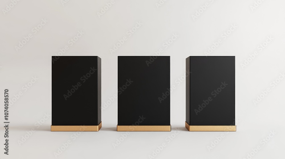Poster Three empty black stands adorned with gold against a white background 3D rendering Illustrations for promotional use Abstract minimal concept