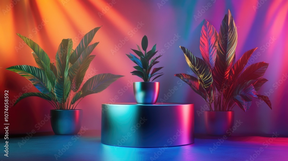 Poster Isolated metallic icon on a podium surrounded by three plants in vibrant multi colored lighting Orthogonal projection 3D render