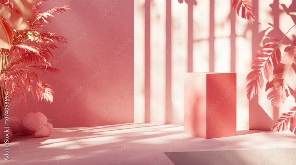 Poster Abstract 3D pink cube and box podium in a minimal studio scene Geometric shape object illustration render for showcasing cosmetic and fashion products suitable for Valentine s themes