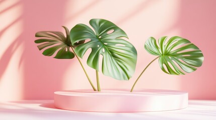 Obraz premium Empty pink podium with monstera leaf in a white setting for contemporary stage presentation and minimalist mockup abstract display background 3D illustration or render concept