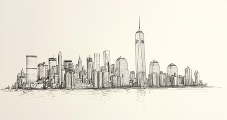Obraz premium simple line drawing of the skyline of New York City, drawn in black ink on white paper. 