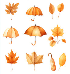 collection of autumn-themed clipart elements, such as leaves and umbrellas in various shades of orange and yellow, arranged on an isolated white background