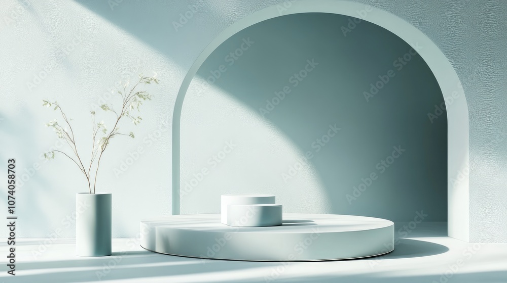Poster light blue backdrop featuring a podium and minimal wall design blending abstract shapes in pastel hu