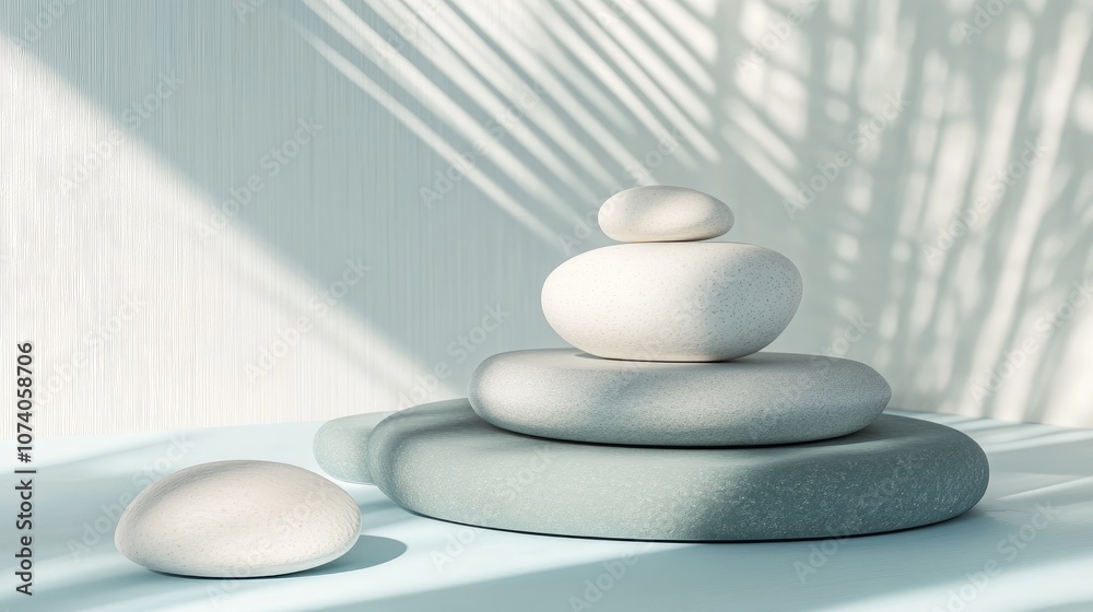 Aufkleber Minimal product display stand featuring rocks and shadows Podium mock up in an abstract composition of white and blue pastels created through 3D rendering and illustration