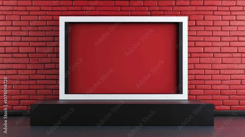 Aufkleber digital product backdrop featuring a red and white rectangular frame with a black podium reflecting 