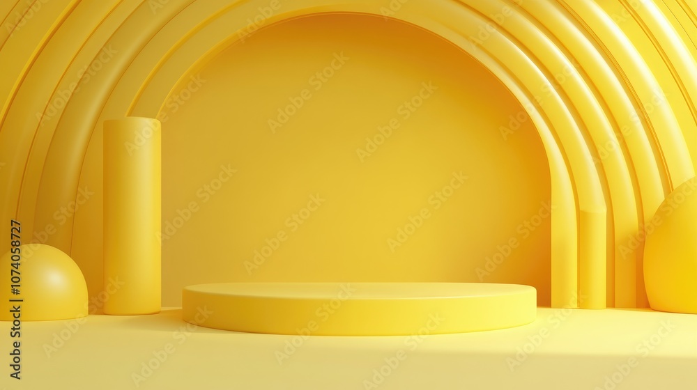 Poster 3D render of an abstract background featuring geometric shapes and a podium for product display Minimalistic design with a group of yellow elements