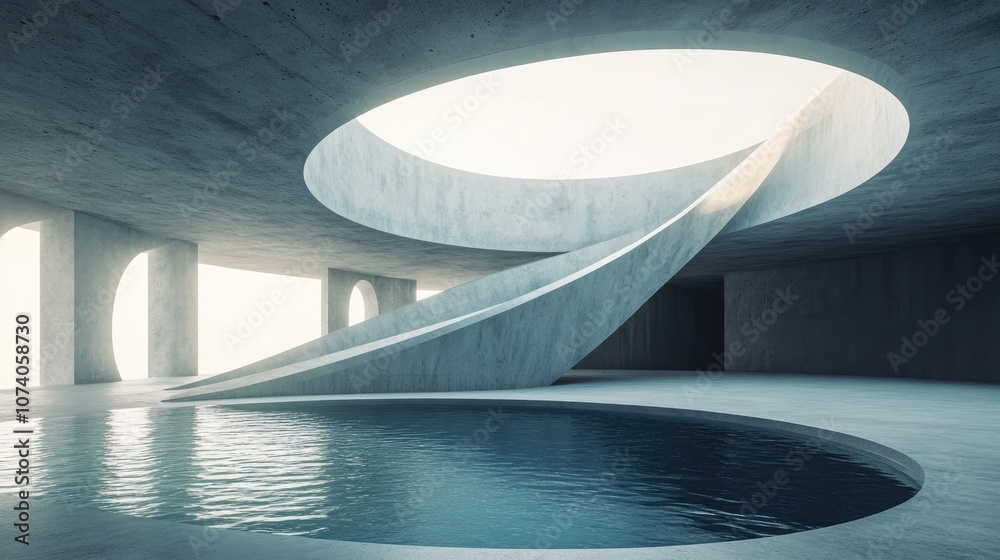 Poster empty circular concrete podium with a pool 3d rendering of an abstract interior featuring a curved s