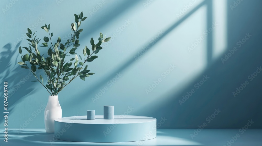Aufkleber Blue backdrop featuring a pedestal and a display case blue stage platform podium for product presentation 3D rendering