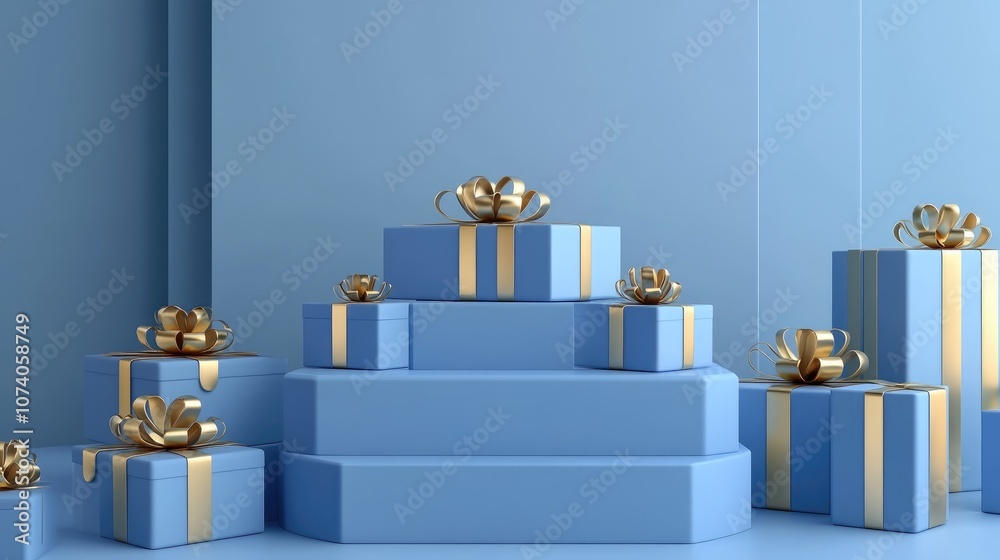Poster blue podium accompanied by blue gift boxes adorned with gold ribbons set in a minimalistic studio en