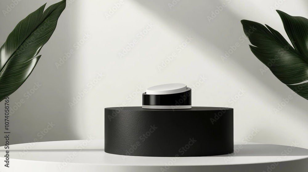 Poster 3d rendering of a minimalist background for cream cosmetic products with a sleek black podium