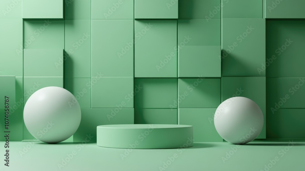 Poster Minimalistic scene featuring a podium against an abstract backdrop Geometric shapes in green hues 3D rendering with geometrical forms a green backdrop and spherical lighting effects