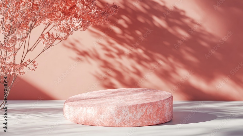 Poster 3D rendering of a pink coral minimal display podium or pedestal for product mockups featuring an abstract background with simple geometric shapes