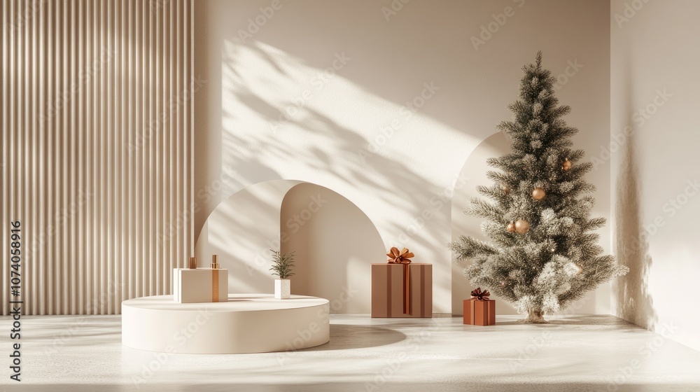Poster 3D rendering of an abstract minimalistic mock up scene featuring geometric podium shapes for showcasing cosmetic products complemented by a festive tree and gift box in a studio interior setting f