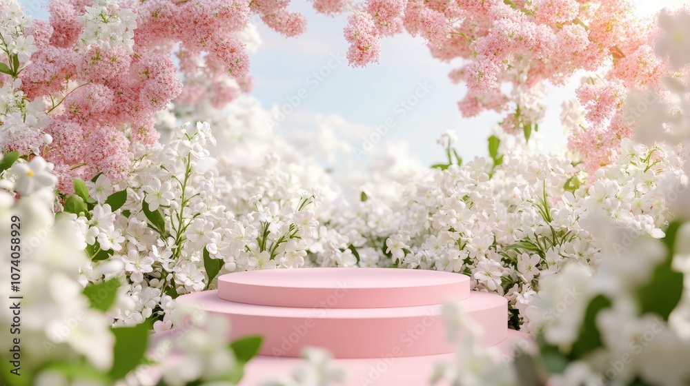 Aufkleber abstract 3d render of a spring scene featuring a pink podium amidst white flowers set against a vibr