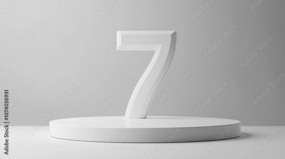 Leinwandbilder Minimalistic white podium for mock up presentation featuring the number 7 with abstract 3D render and ample copy space