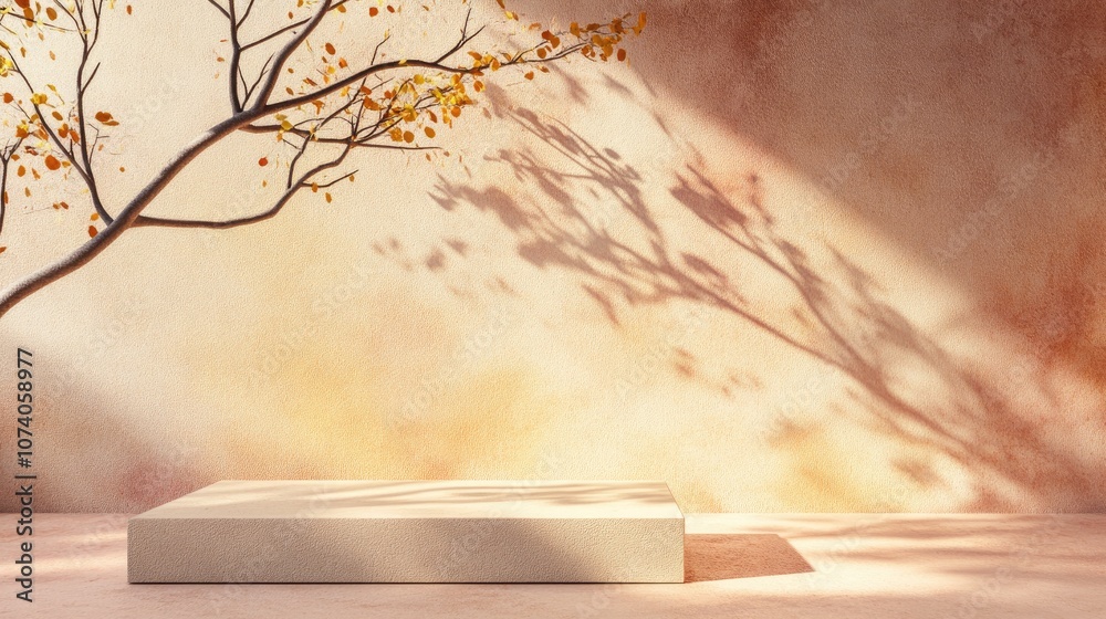 Poster podium display against a soft pastel stucco backdrop abstract geometric arrangement featuring a bran