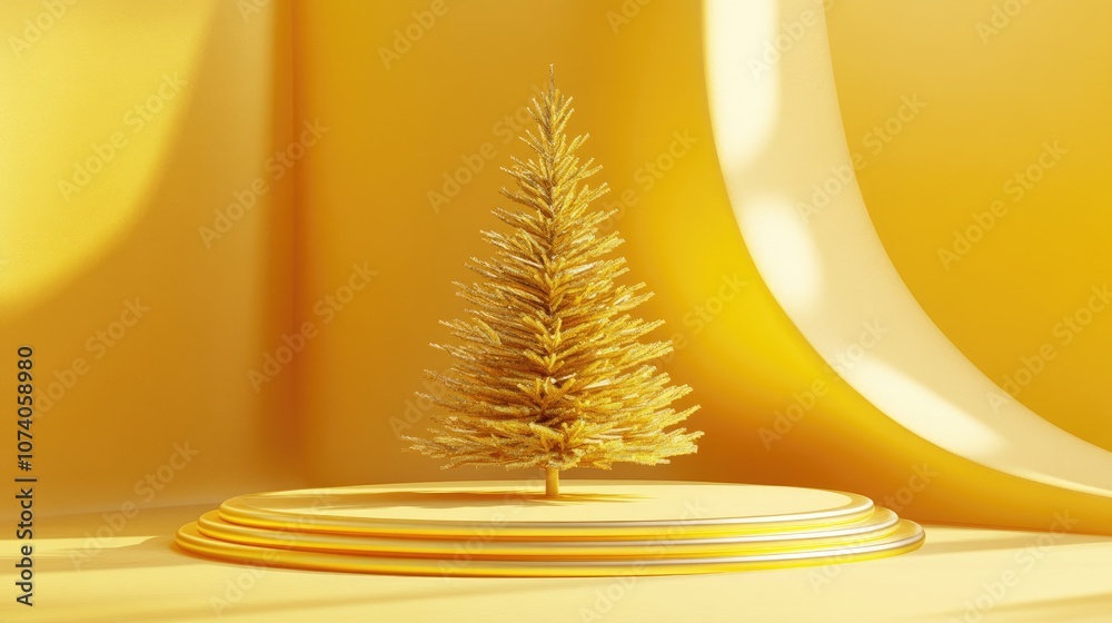 Poster gold edged podium and a golden yellow christmas tree create an elegant holiday display against a gol