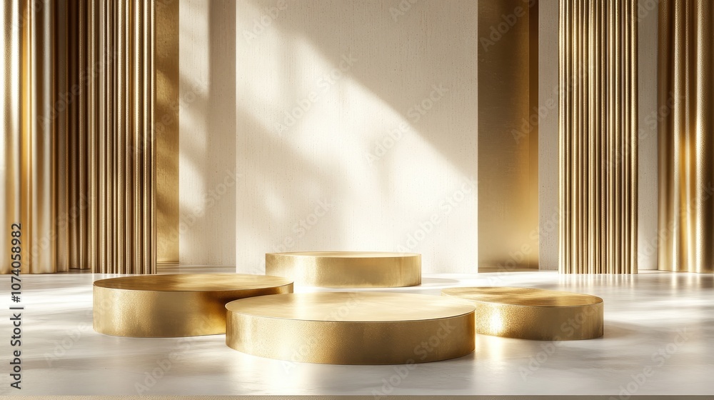 Aufkleber Gold pedestals and product display platforms background visuals 3D computer graphics 3D renderings