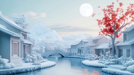 Fototapeta premium Jiangnan Serenity: A Hyper-Realistic Paper-Cut Winter's Dream